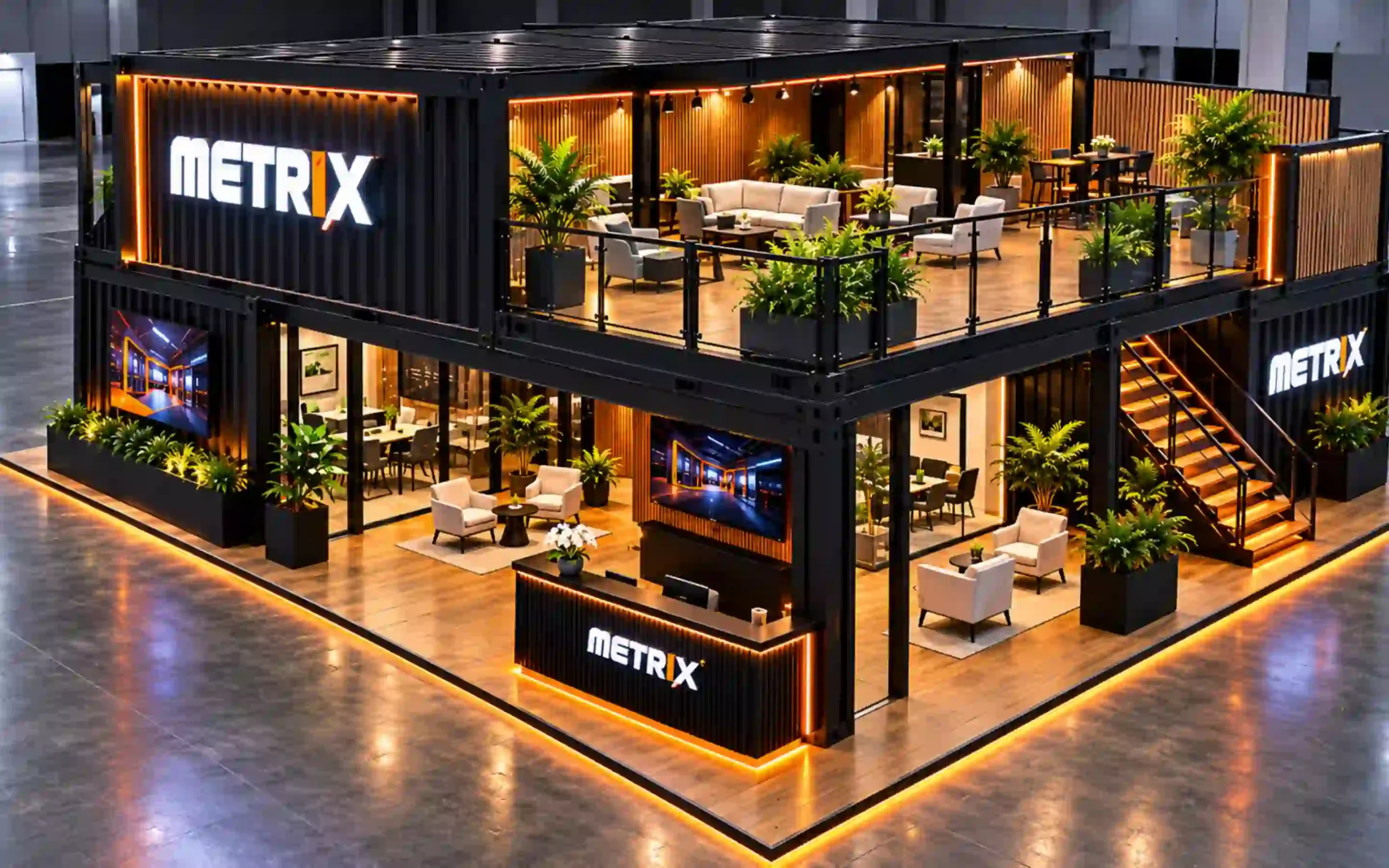 Illustrative aerial perspective of an exhibition container booth design