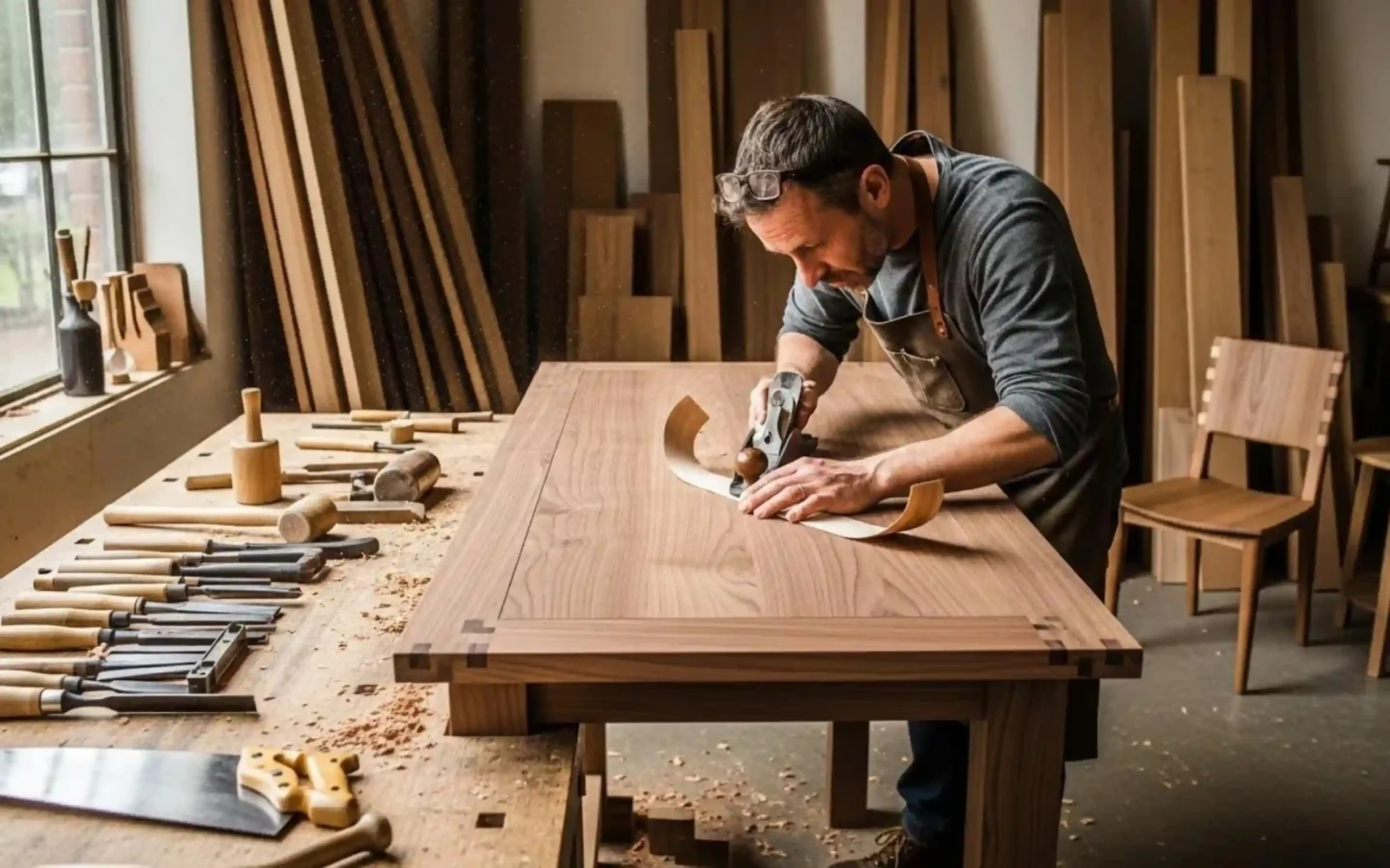 Craftsman producing bespoke furniture in a woodworking workshop