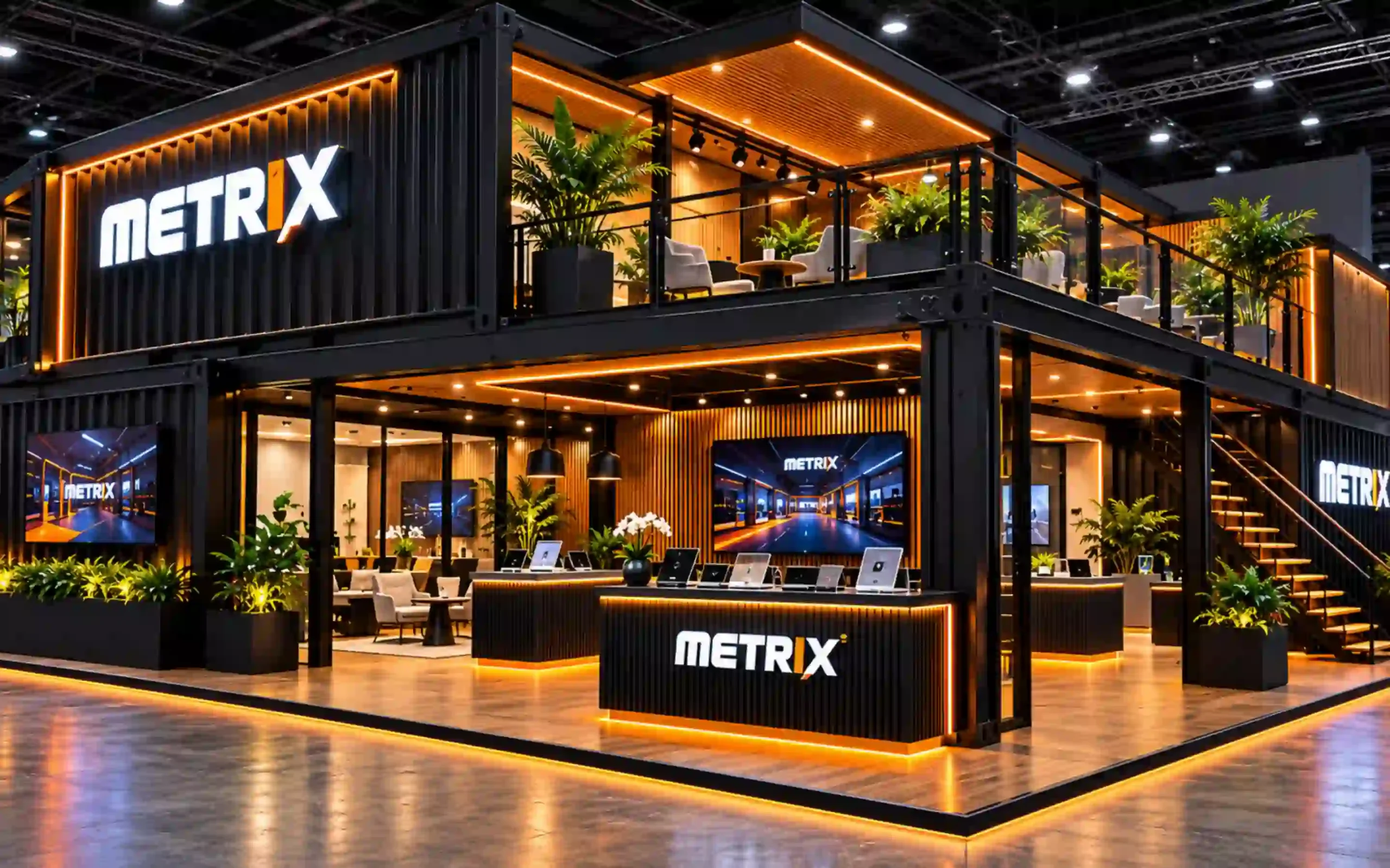 Illustrative front exterior of a custom branded shipping container booth