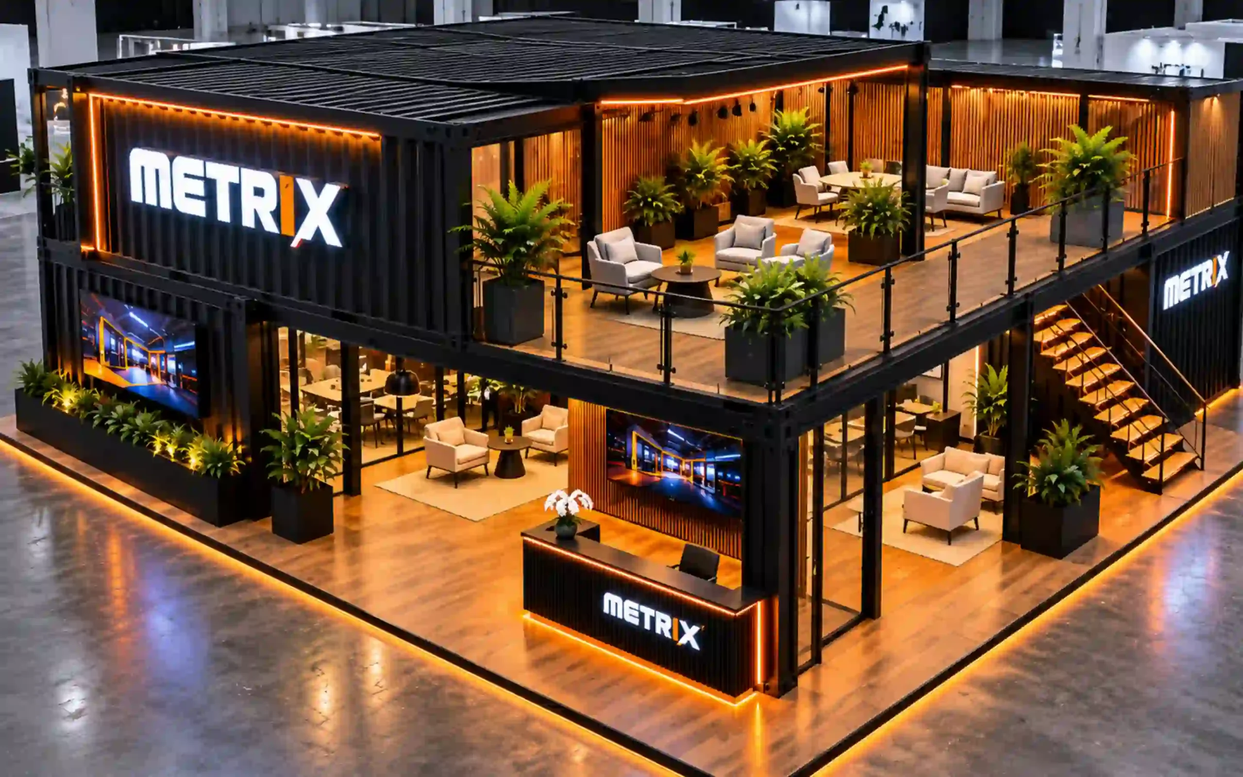 Illustrative two-story branded shipping container booth concept for exhibitions and outdoor activations
