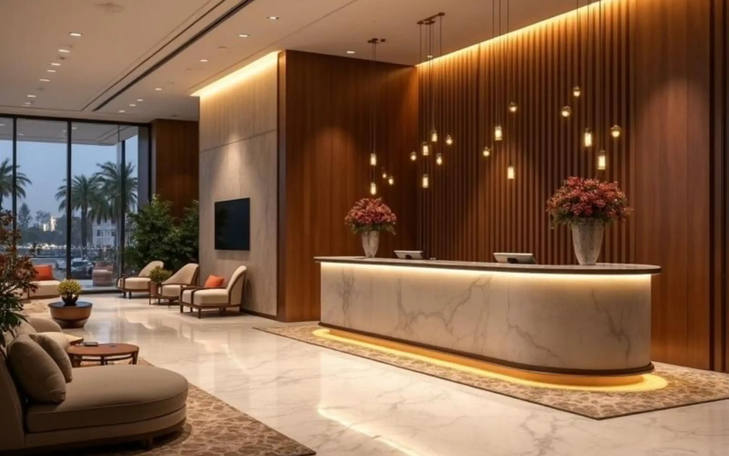 Hospitality reception and contract furniture with warm finishes