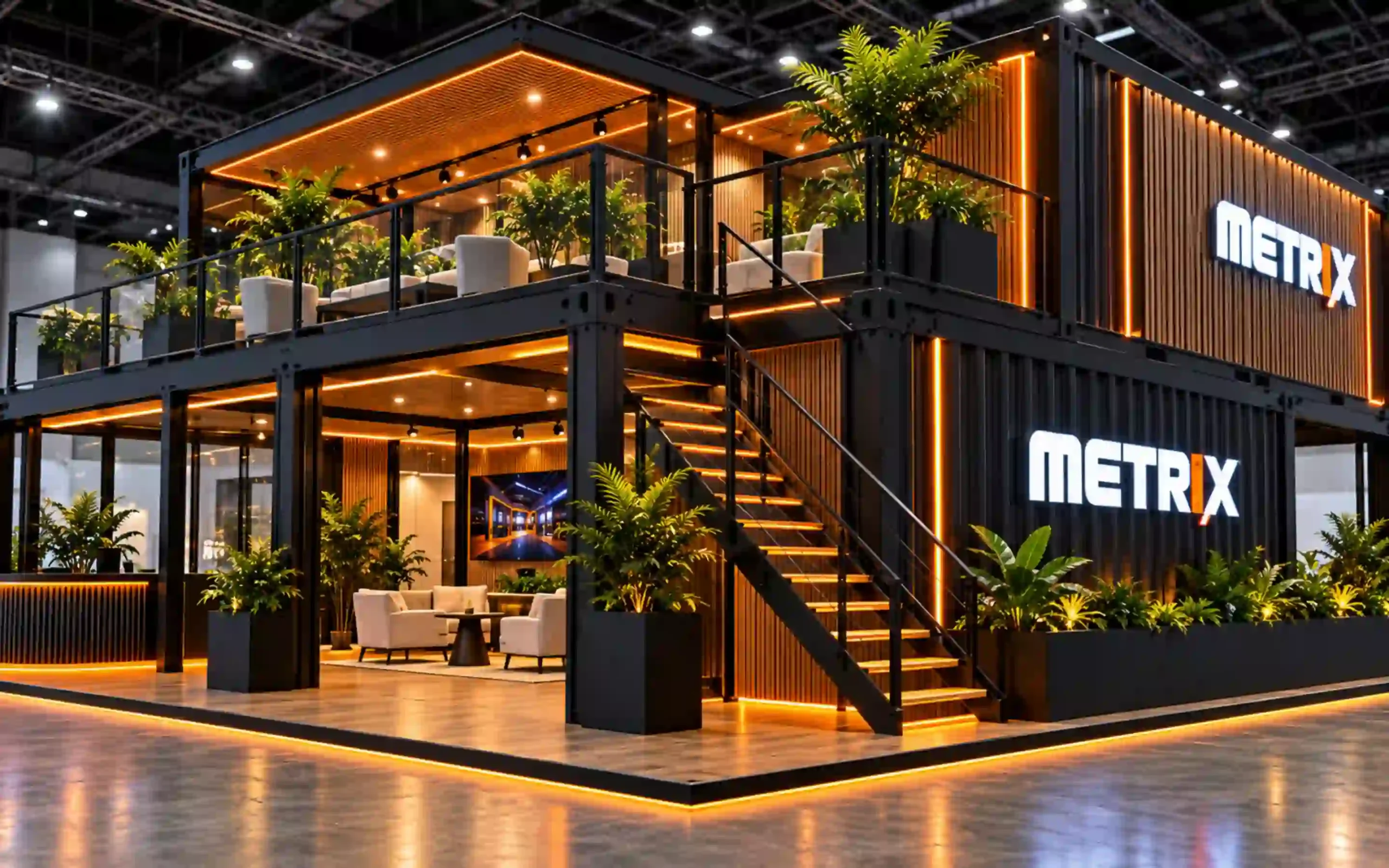 Illustrative side view of a two-story container exhibition structure