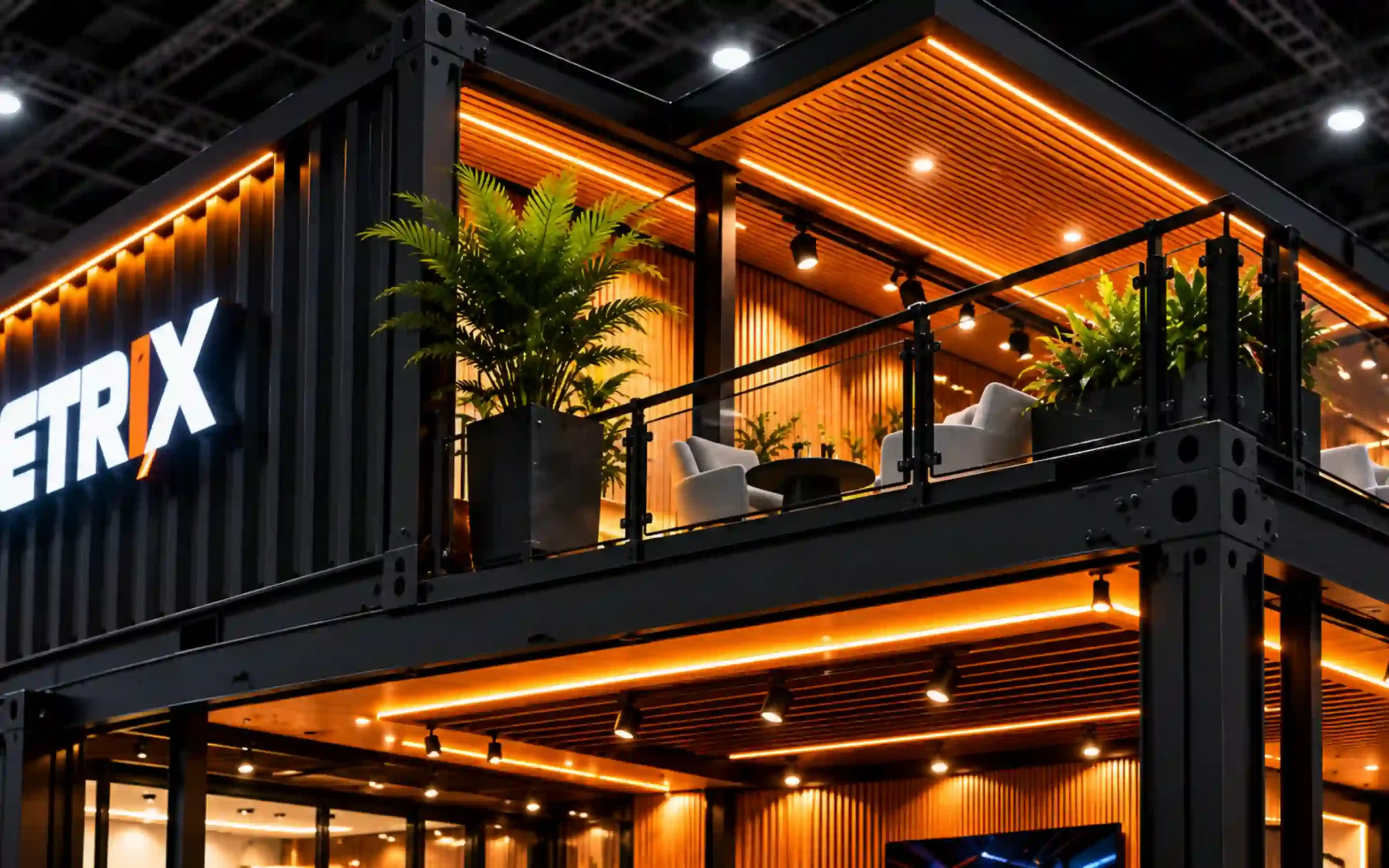 Conceptual upper floor lounge inside a two-level container booth