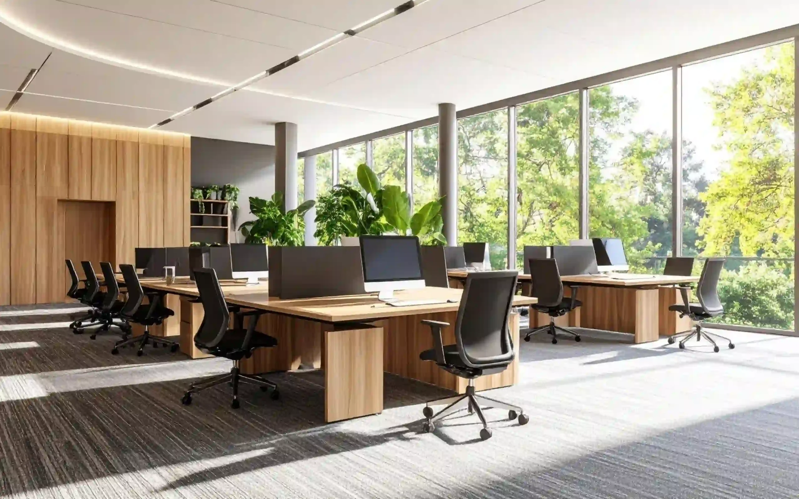 Custom office furniture with work desks and meeting space