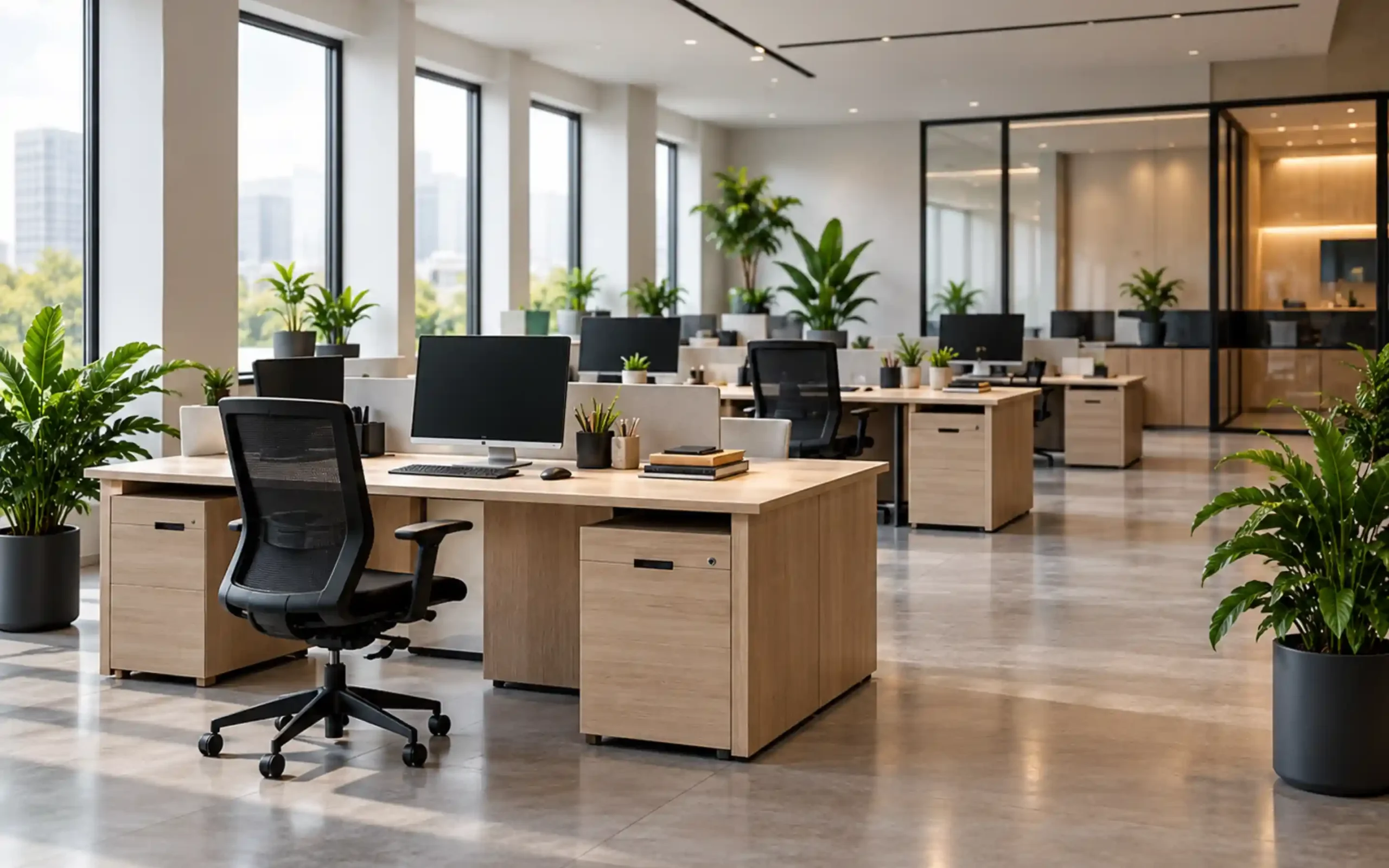 Custom wood desk systems in a contemporary office workspace